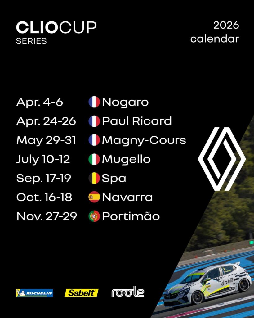 na fotografiji se nalazi kalendar trka za clio cup series za 2026 godinu